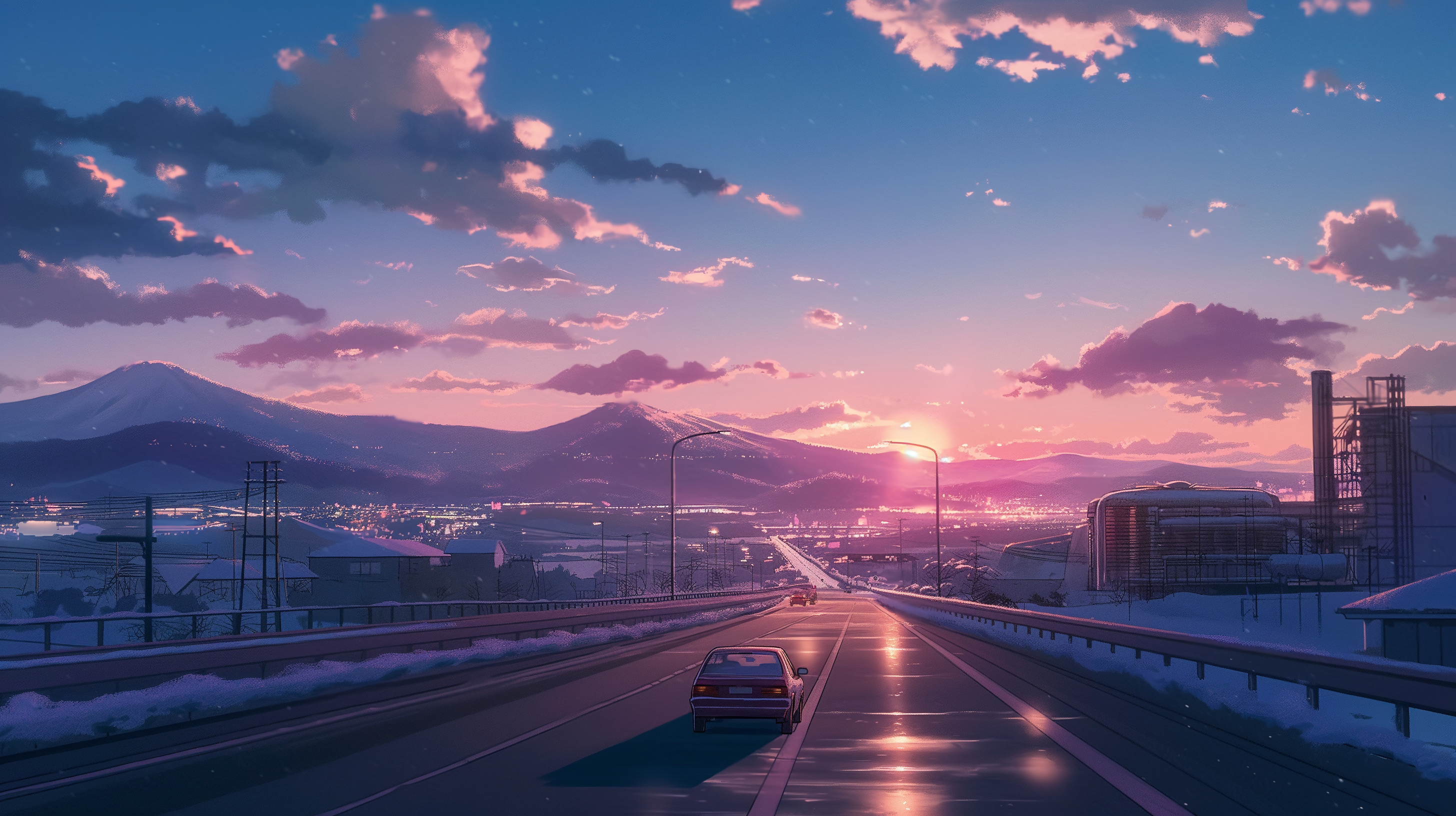prompt: Driving in a valley on highway, on left side is snowy mountains far away and cloud looking pink with sunset and housed reflecting sunshie, on the right is huge factory building&rsquo;s silhouette shadowed by the sun, Makoto Shinkai movie style